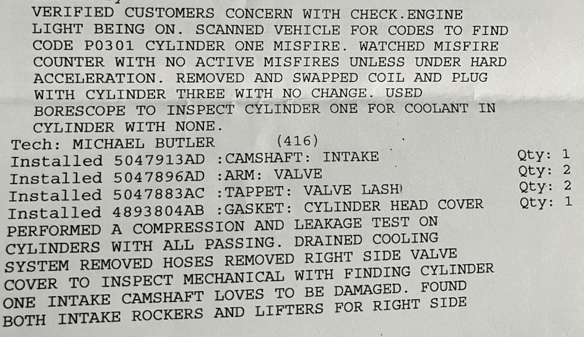 Jeep Gladiator Joined the code P030x damaged camshaft club Cyl_On