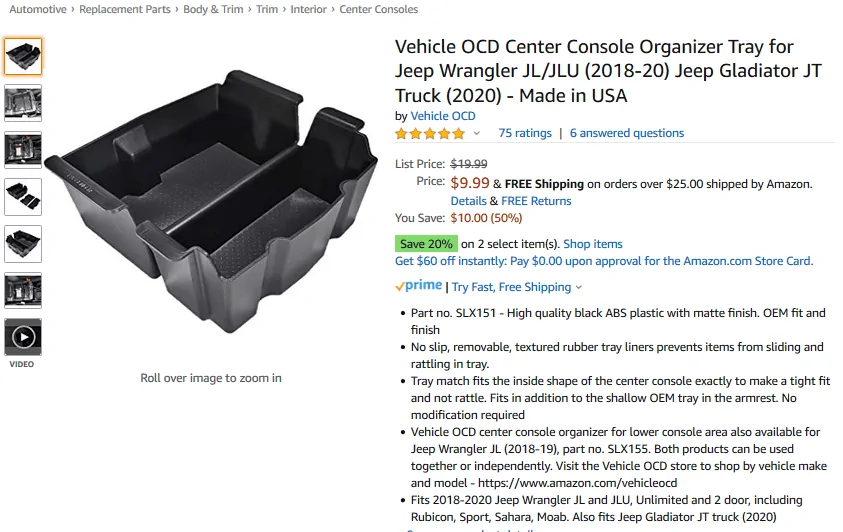 Jeep Gladiator Vehicle OCD center console organizer and tray upload_2019-10-12_8-9-4