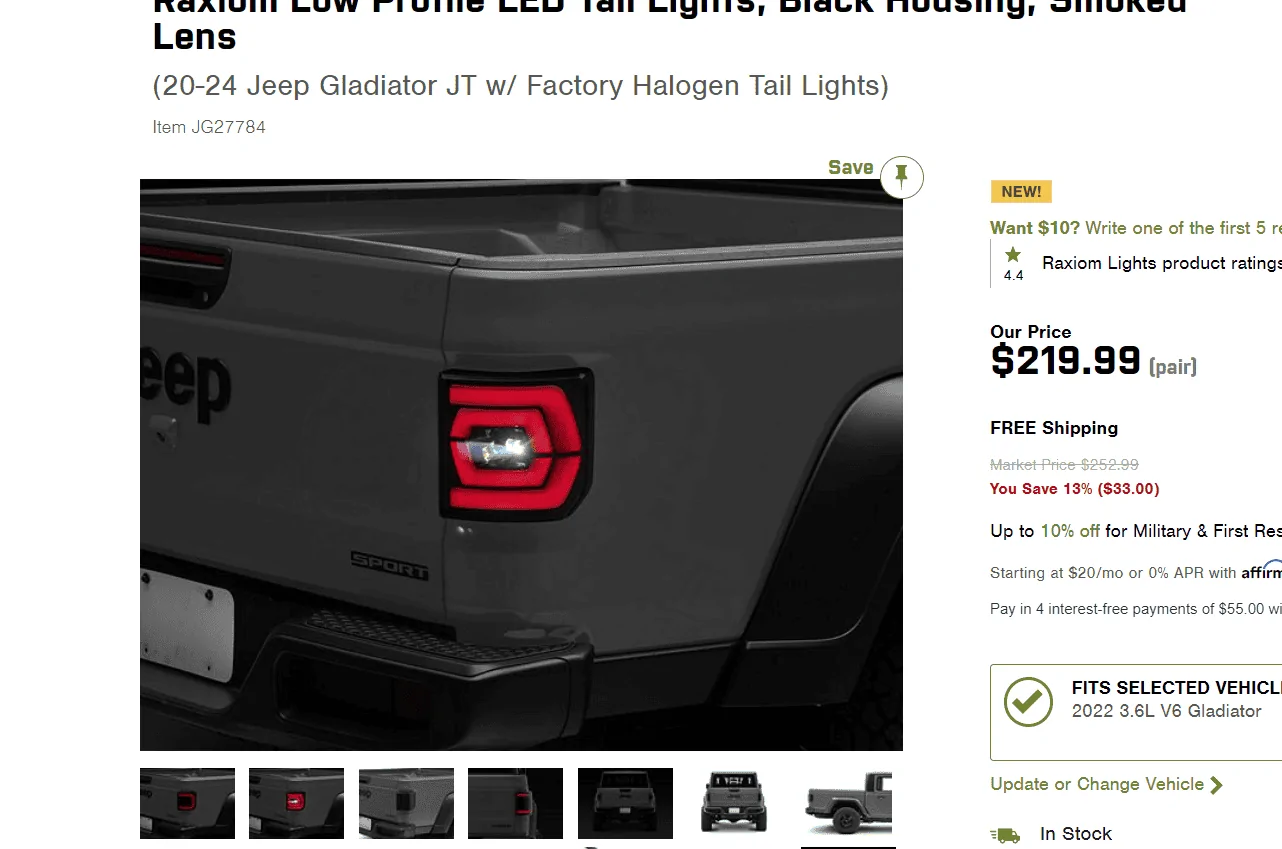 Jeep Gladiator Raxiom Low Profile LED Tail Lights; Black Housing; Smoked Lens 1713375200743-zz