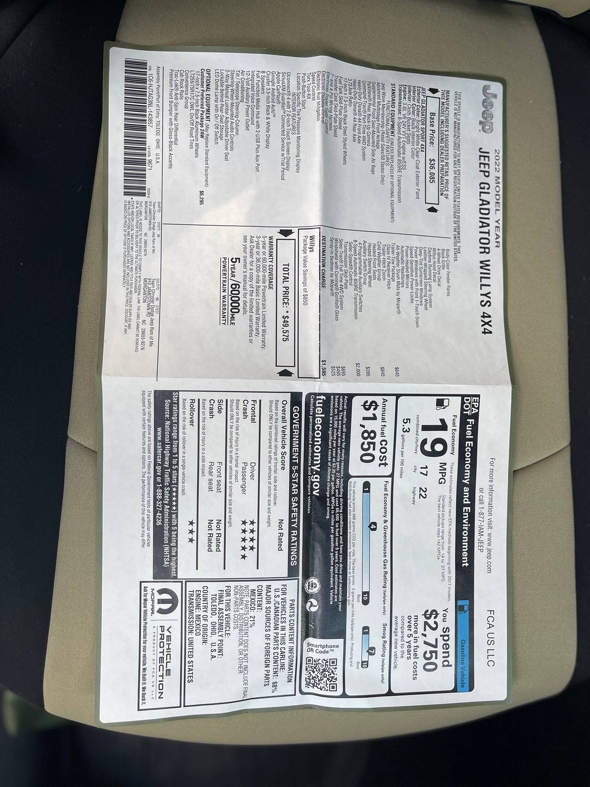 Jeep Gladiator 2022 Gladiator Willy’s, ~25k miles, $34,500obo Window Sticker Full 