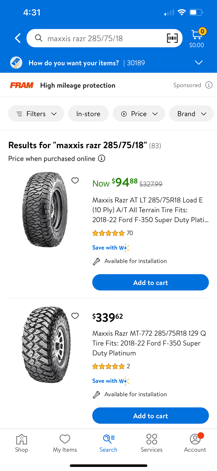 Jeep Gladiator Maxxis Razr AT $95 at Walmart IMG_5424