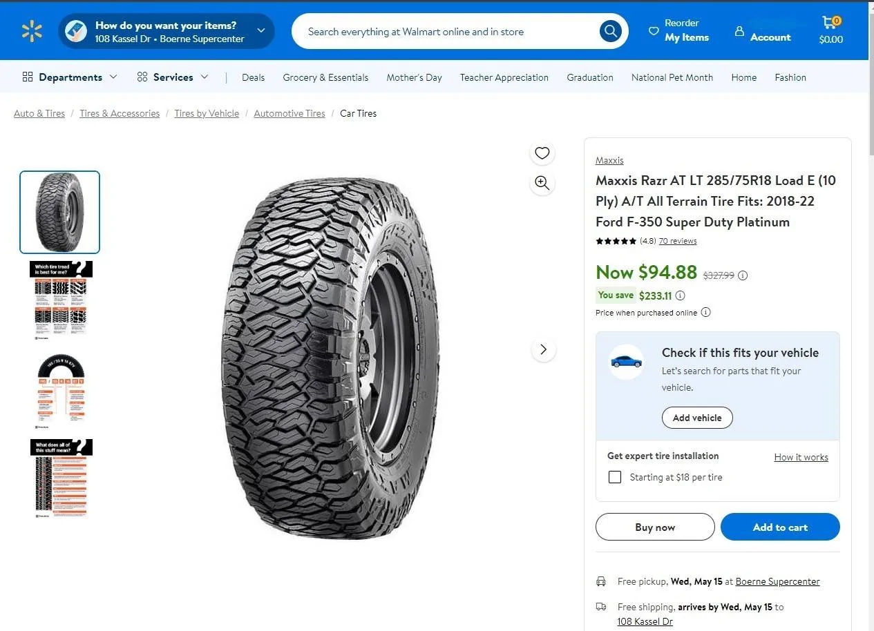 Jeep Gladiator Maxxis Razr AT $95 at Walmart Screenshot 2024-05-10 154405