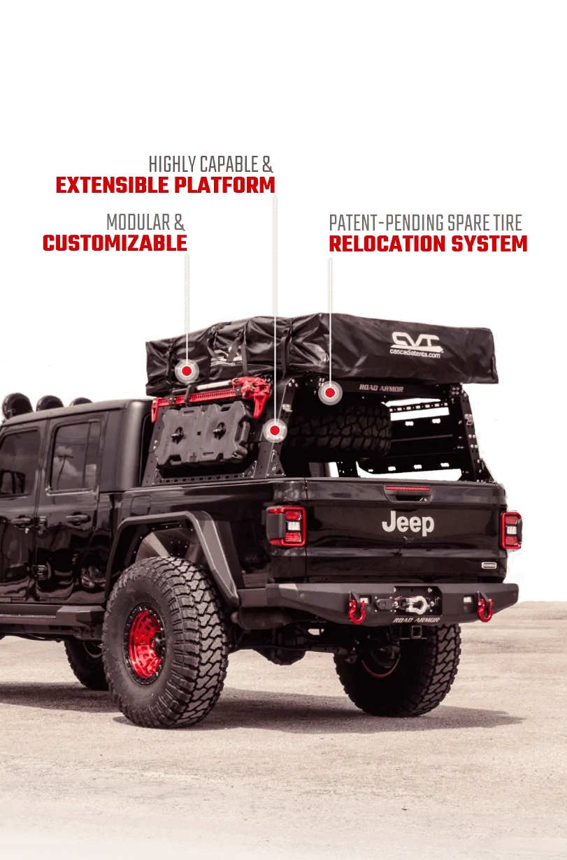 Jeep Gladiator Bed Rack Mounted Spare Tire Solution treck-mo