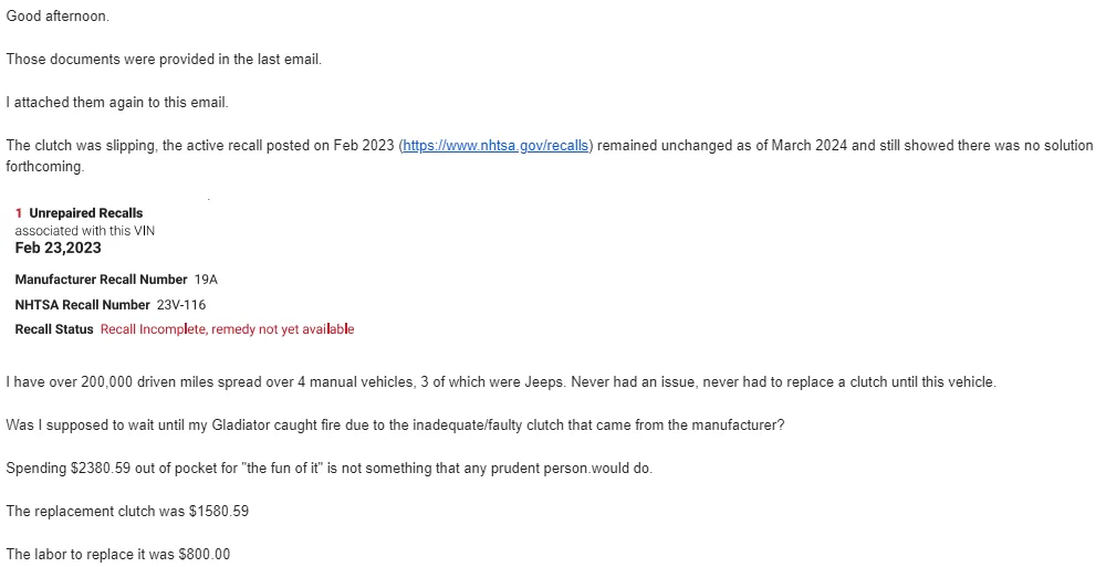 Jeep Gladiator Jeep going in monday for Recall 19A clutch replacement Screenshot 2024-06-10 130456