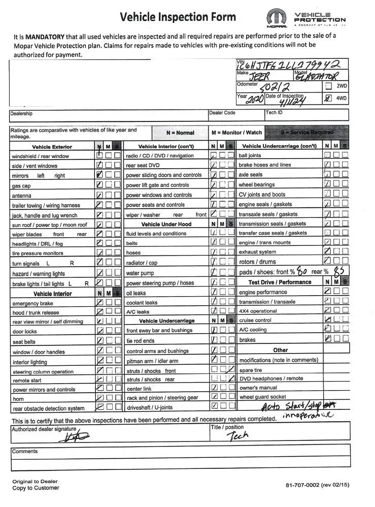 Jeep Gladiator 2020 Jeep Gladiator Overland 51,932 Miles Miami, Florida Inspection Form for Sal