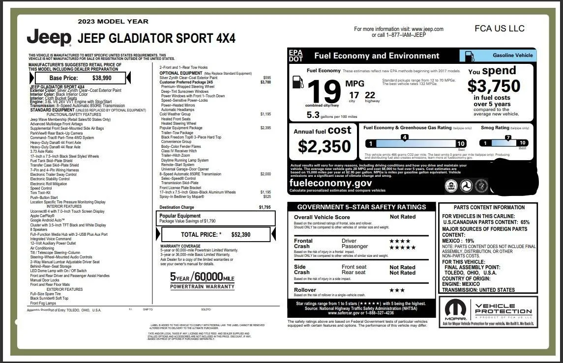 Jeep Gladiator Adding SiriusXm 1 - 2023 Jeep Gladiator Window Sticker - Redacted Info.02