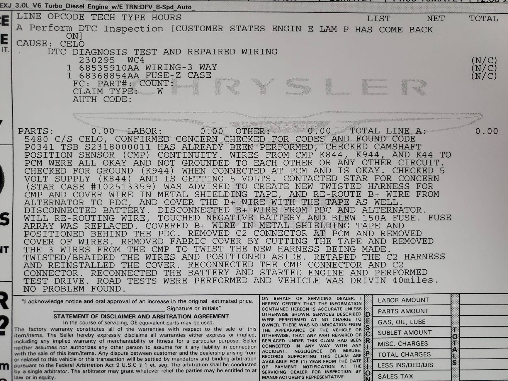 Jeep Gladiator Error code P0341 Camshaft position sensor ’A’ circuit range bank1 or single sensor 240724 - Jeep Receipt for potential fix to code P0341