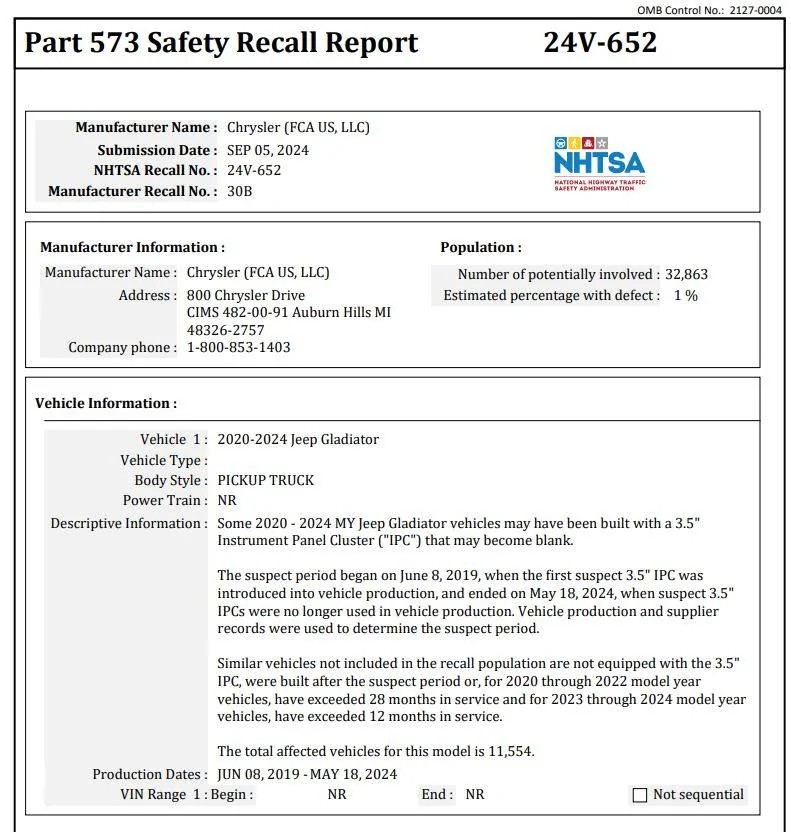 Jeep Gladiator New Recall NHTSA 24V-652: Instrument Panel Cluster IPC Failure & Replacement (9/5/24) Instrument Panel Recall