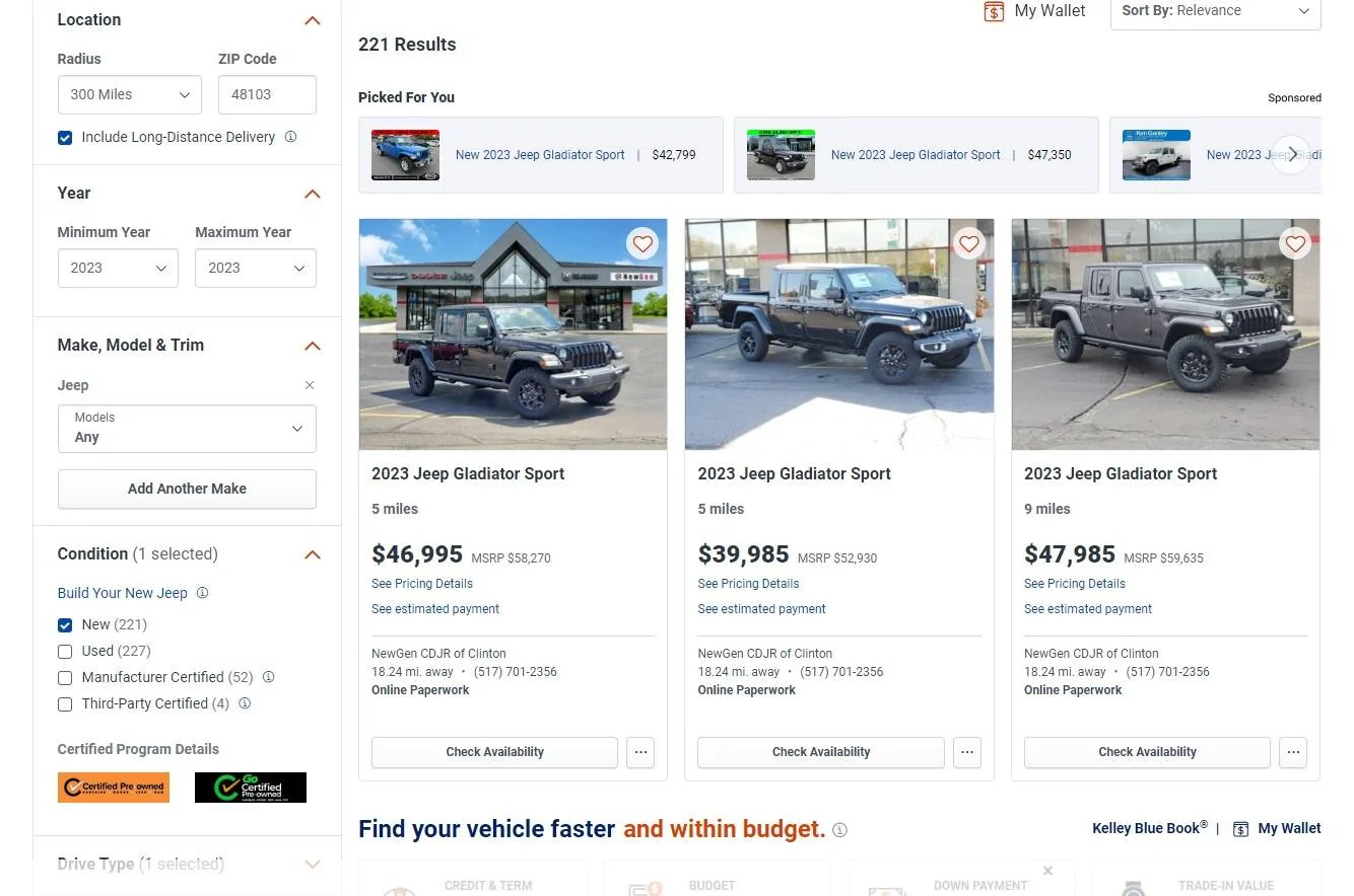 Jeep Gladiator New ‘23 deals… Screenshot 2024-09-10 130441