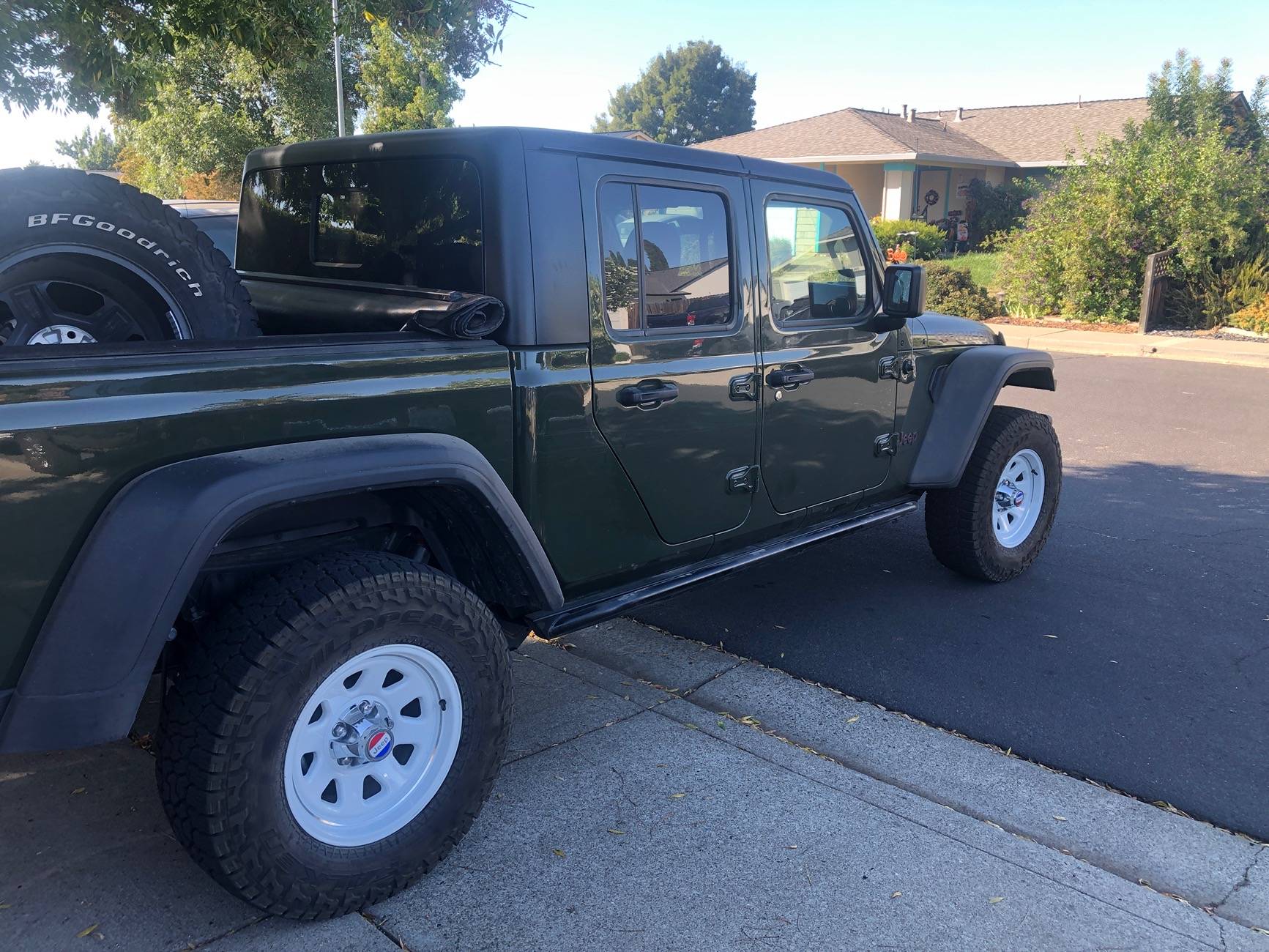 Jeep Gladiator White CJ retro wheels on a Sarge Green Gladiator D9680115-071F-43CB-86D4-2967329D054F