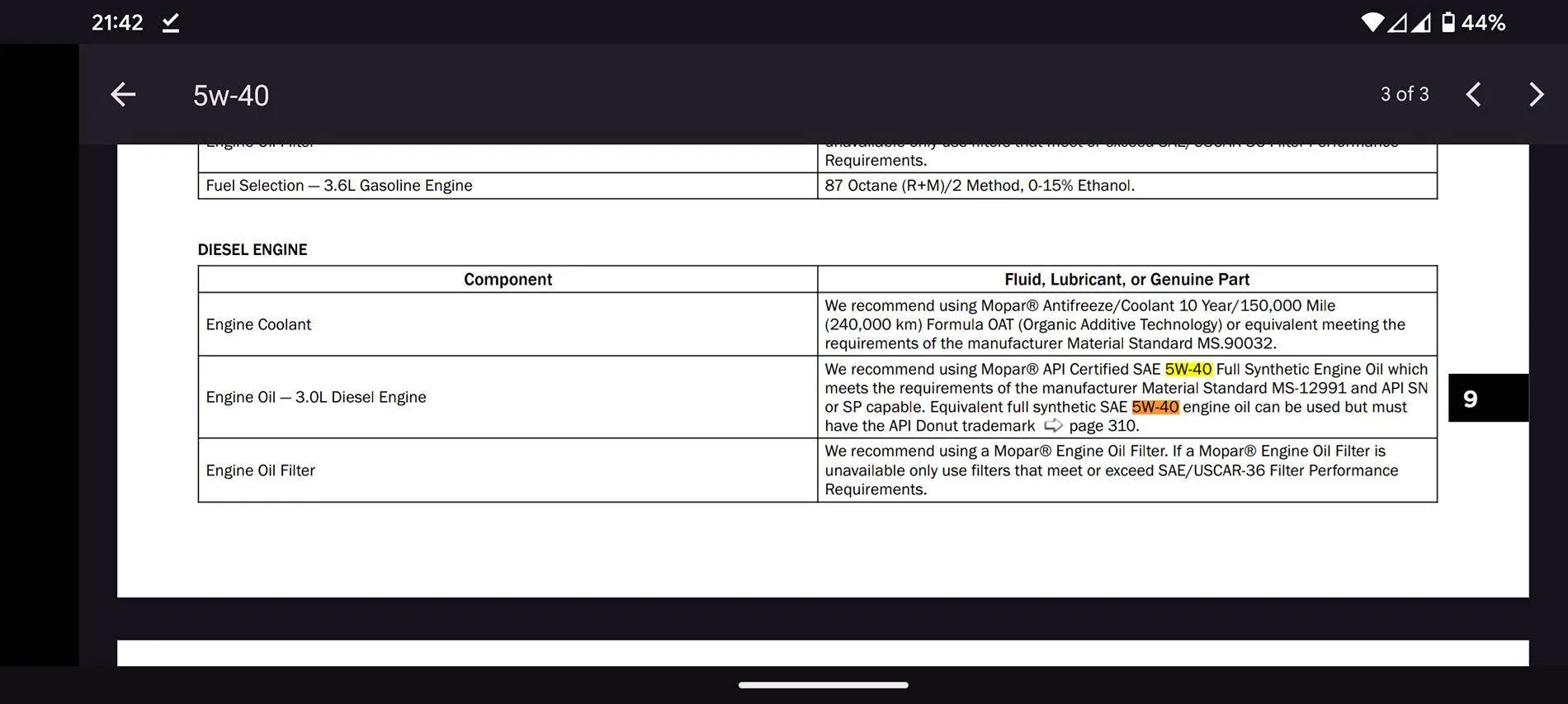 Jeep Gladiator Official EcoDiesel Oil and Filter Recommendations Screenshot_20241022-214215
