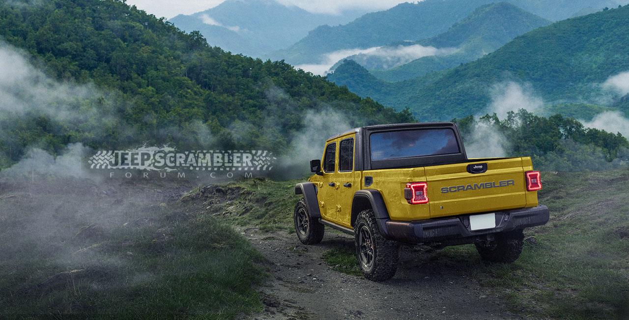 Jeep Gladiator Our latest Jeep Gladiator Pickup Truck renderings! JT-Jeep-Wrangler-Pickup-SCRAMBLER_rear_yellow