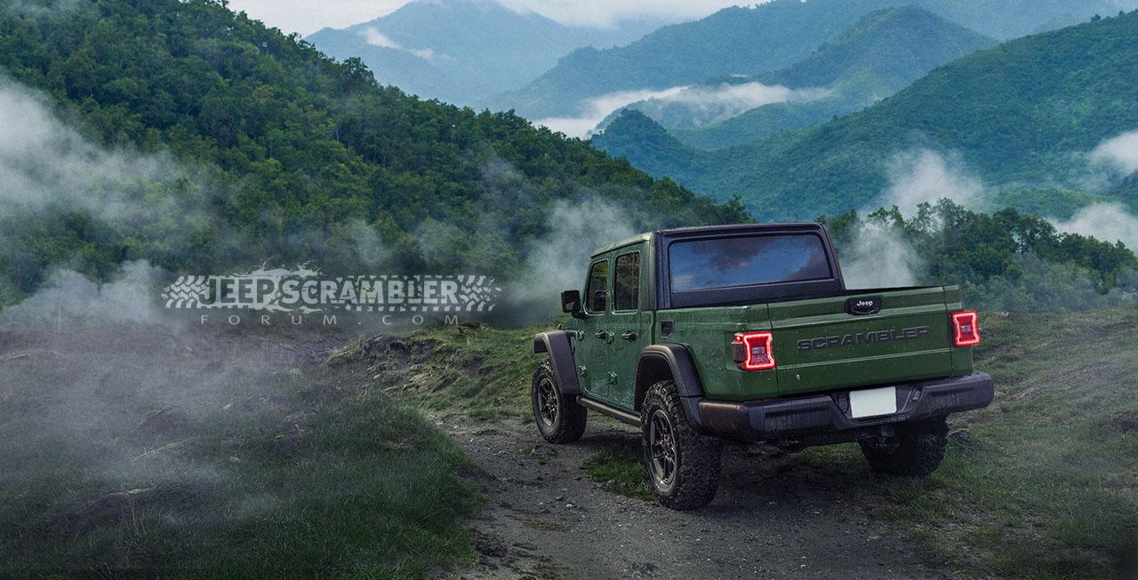 Jeep Gladiator Our latest Jeep Gladiator Pickup Truck renderings! JT-Jeep-Wrangler-Pickup-SCRAMBLER_rear_green