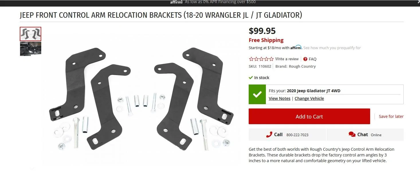 Jeep Gladiator Rough Country 2.5" Leveling Kit with Control Arm Relocation Brackets Lift 1