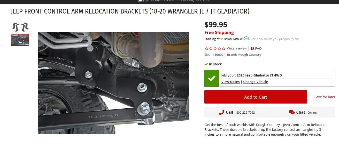 Jeep Gladiator Rough Country 2.5" Leveling Kit with Control Arm Relocation Brackets Lift 2