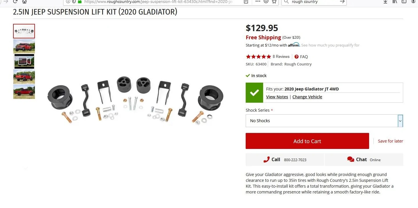 Jeep Gladiator Rough Country 2.5" Leveling Kit with Control Arm Relocation Brackets Lift 3