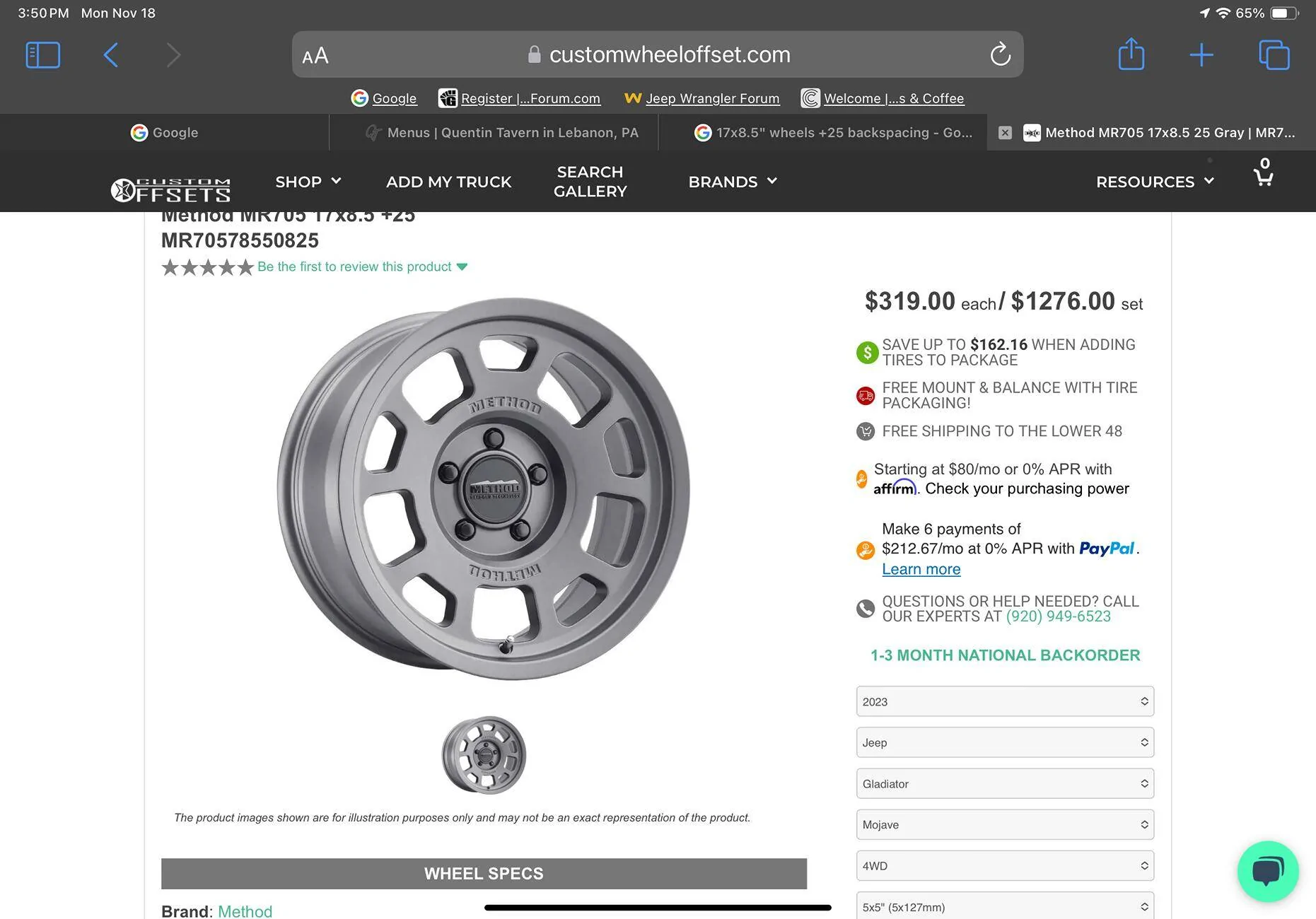 Jeep Gladiator Pict Request:17 x 8.5” wheels +25offset on 33” stock tires - on a Hydro Blue JT IMG_1674