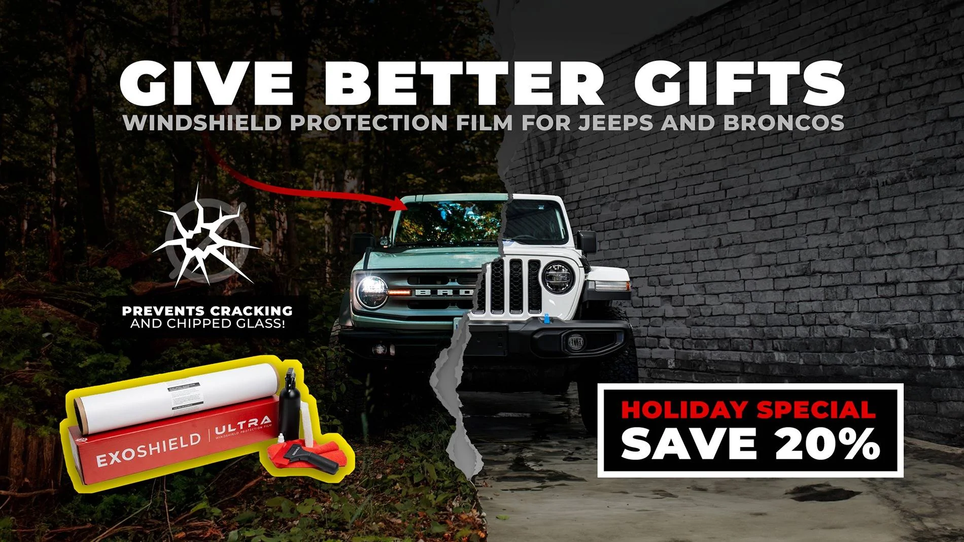 Jeep Gladiator EXOSHIELD ULTRA BLACK FRIDAY SALE FINAL-V2_Landscape---20%-OFF-holiday---V1-Bronco-Jeep-split