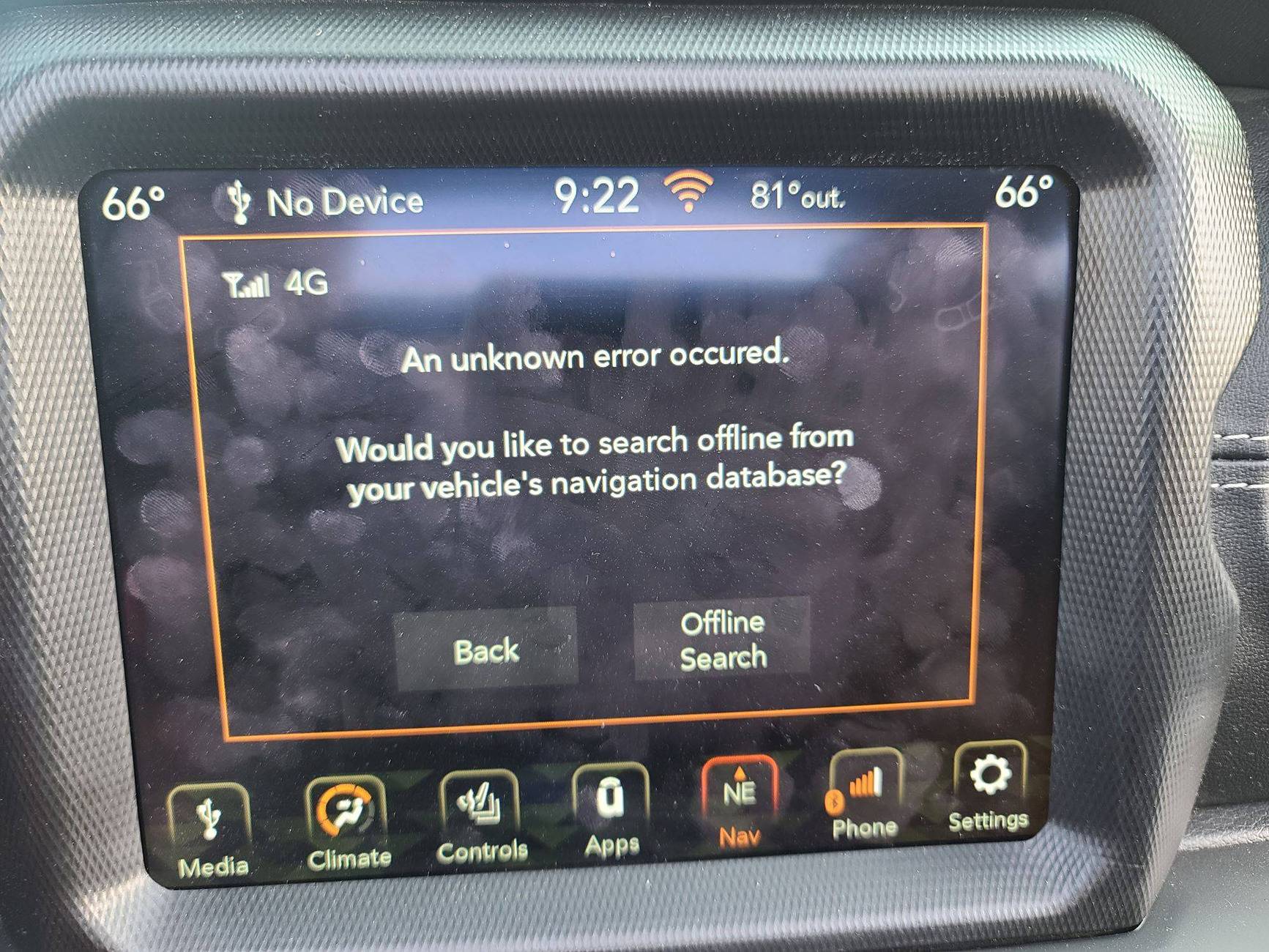Jeep Gladiator "Unknown Error Occured" while searching the map on nav system Error