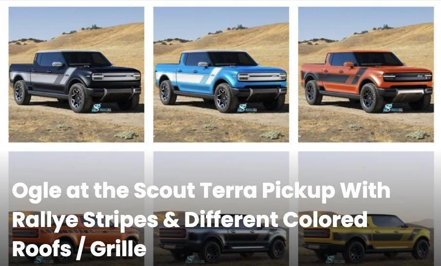 Jeep Gladiator Official: Scout EV Pickup & SUV debut w/ Gas Range Extender, 4x4, BOF, Lockers, Sway Bar Disconnect -- All Specs, Wallpapers, Videos scout-terra-pickup-colors-stripes-jpg