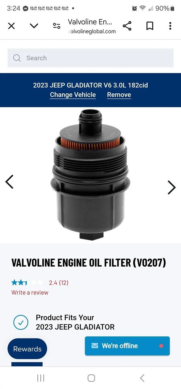 Jeep Gladiator Valvoline 3.0 oil filter for $10 Screenshot_20241208_032413_Chrom