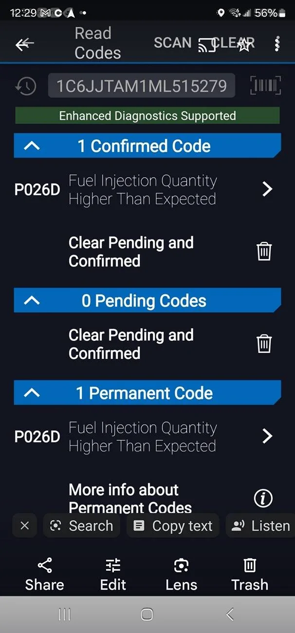 Jeep Gladiator P026D code - Fuel Injection Quantity Higher that expected. 1000003672