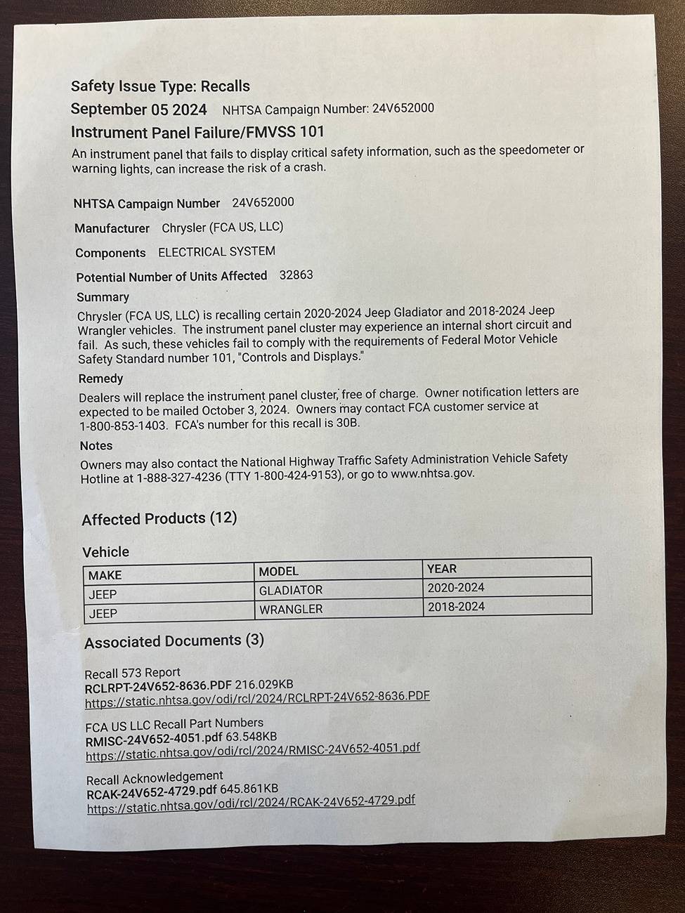 Jeep Gladiator 2024 Jeep Gladiator Nighthawk, No Crank, No Start Jeep Instrument Panel Recall.JPG