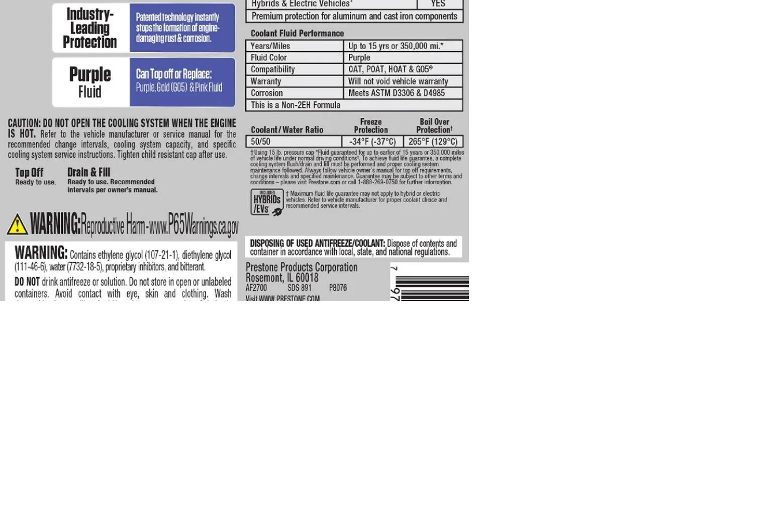 Jeep Gladiator PEAK Antifreeze + Coolant Equivalent to OEM Original Prestone_PLATINUM_American_Purple_Prediluted_Antifreeze_Coolant_OAT_HOAT_POAT_G05_part_number