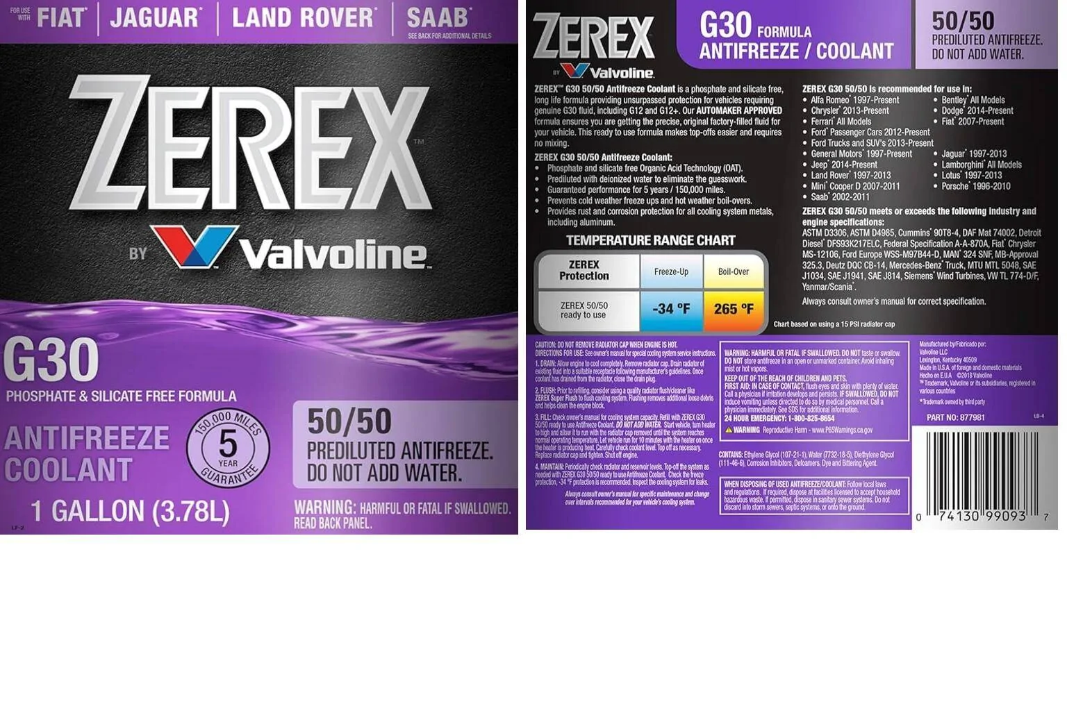 Jeep Gladiator PEAK Antifreeze + Coolant Equivalent to OEM Original ZEREX_BY_Valvoline_G30_Prediluted_Antifreeze_Coolant_OAT_part_number_877981_MS-12106