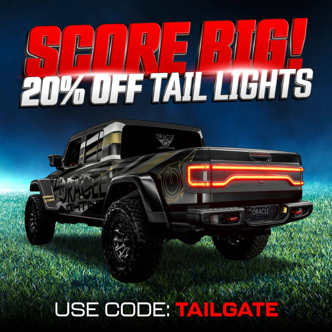 Jeep Gladiator 🏈 Score Big with ORACLE Lighting: 20% Off Tail Lights & Racetrack for the Big Game! 🏆 scorebig-promo-social