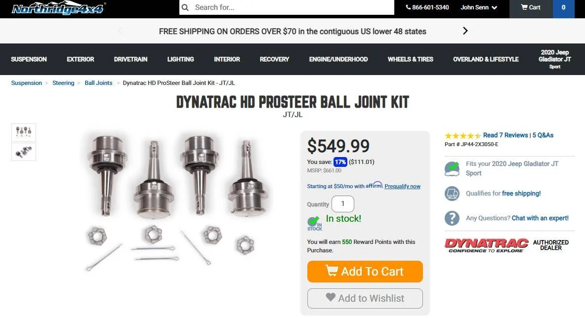 Jeep Gladiator Dynatrac HD ProSteer Balljoint Kit - New in Box northridg