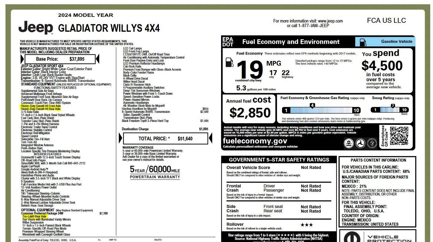Jeep Gladiator 2024+ Gladiator Rear Left Axle Shaft 2024 Gladiator Window Sticker