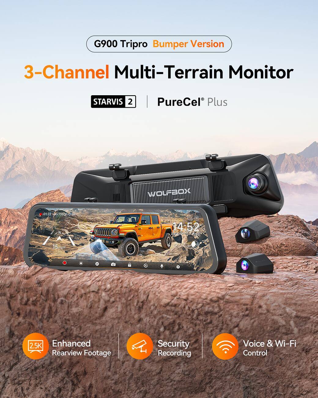 Jeep Gladiator WOLFBOX G900 Tripro Dash Cam - Designed for Off-roading! Up to $50 off Jeep Gladiator