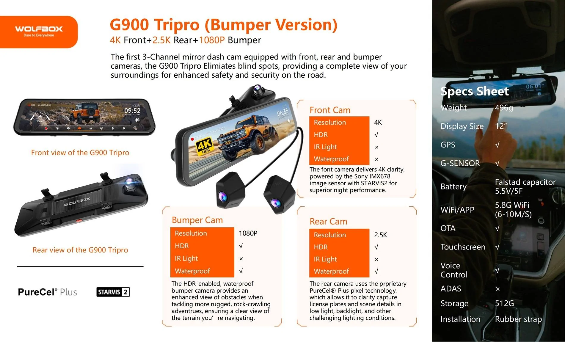 Jeep Gladiator WOLFBOX G900 Tripro Dash Cam - Designed for Off-roading! Up to $50 off TP bumper version