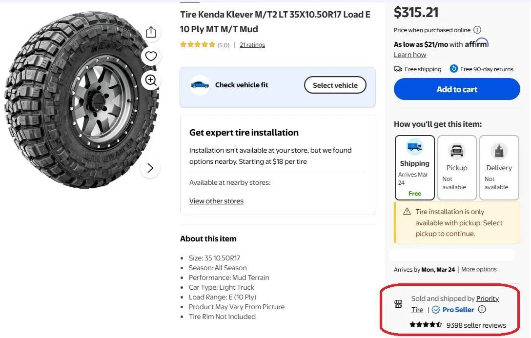 Jeep Gladiator Kenda Klever AT2 tread separation WalmartOnlineTireVendorExampl