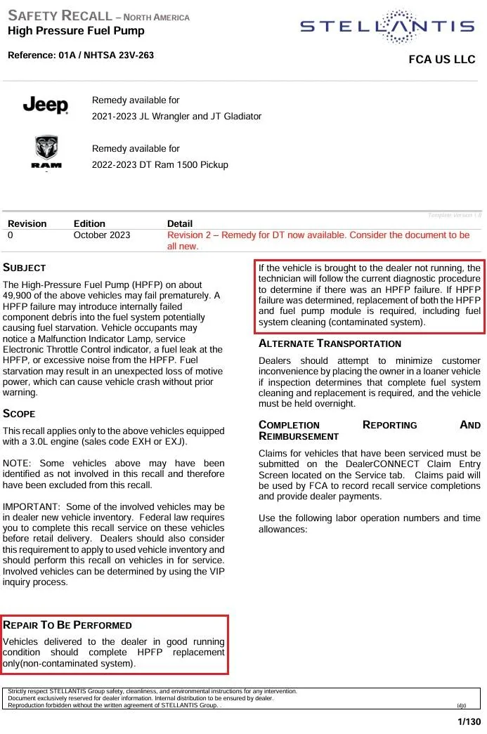 Jeep Gladiator HPFP recall done- fuel filter isn’t replaced? hpfhinstr