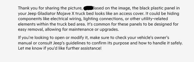 Jeep Gladiator Black plastic cover on left wall of bed. What is this for? 1744161600002-a2