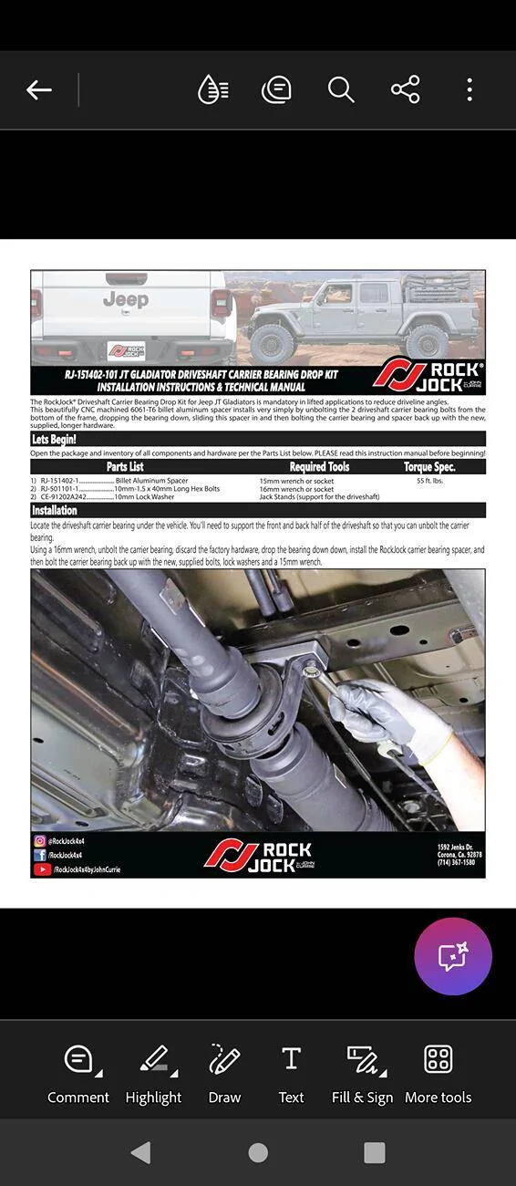 Jeep Gladiator Carrier bearing spacer for rear driveshaft Screenshot_20250430-120910