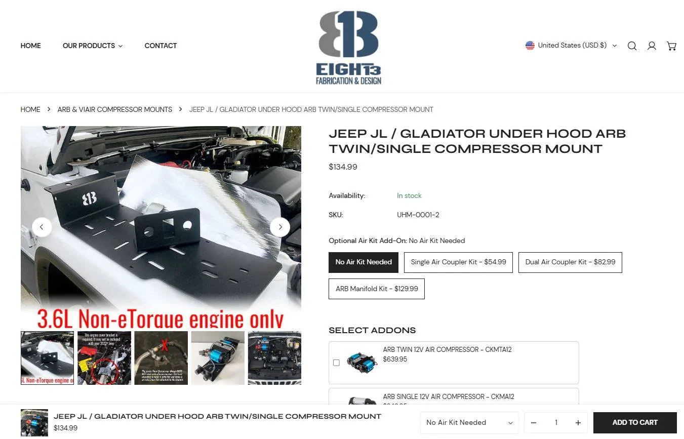 Jeep Gladiator 813 Fabrication ARB Singe/Twin Engine Bay Compressor Mount 813fa