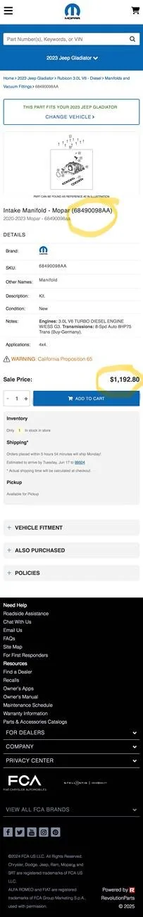Jeep Gladiator Eco Diesel intake manifold failure 2020-2023 Mopar Intake Manifold 68490098AA  Mopar eStor