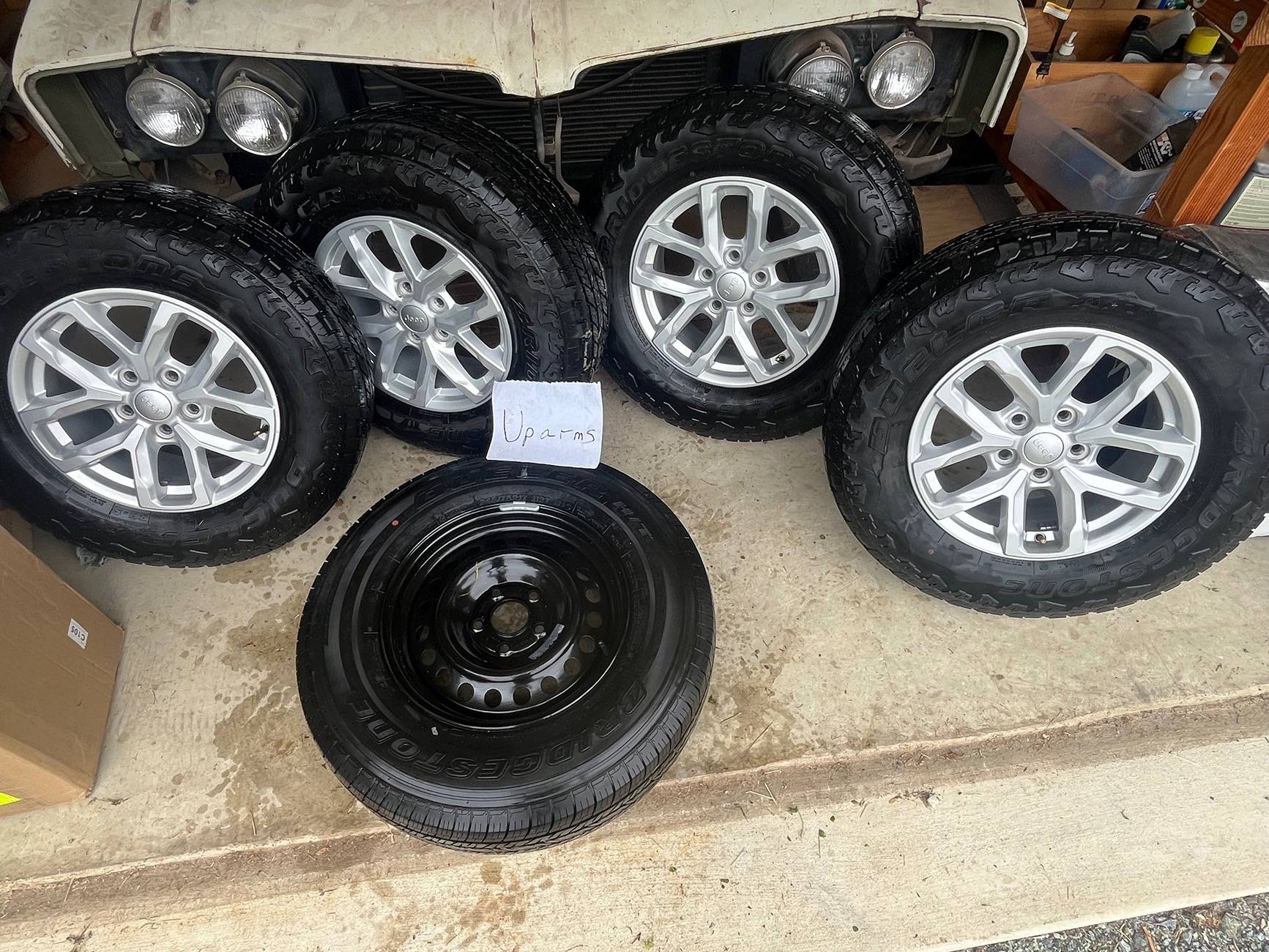 Jeep Gladiator 5 Duelers, 2023 Sport wheels/tires, 11k miles, zero on spare. $300.00 for all 5 wheels and tires. IMG_9704