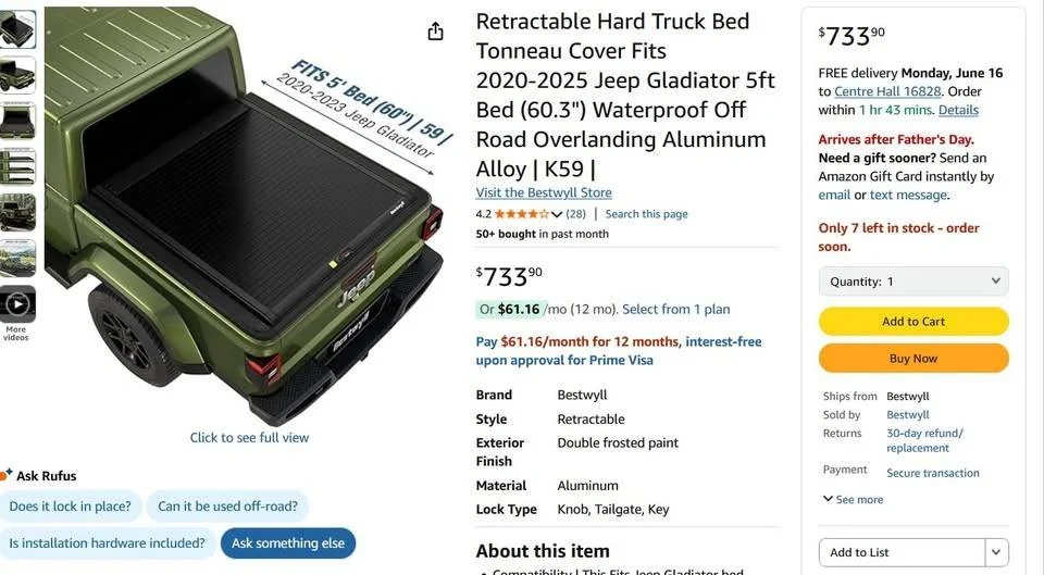 Jeep Gladiator Selling Brand New (slightly damaged) Bestwyll Retractable Tonneau Cover 111