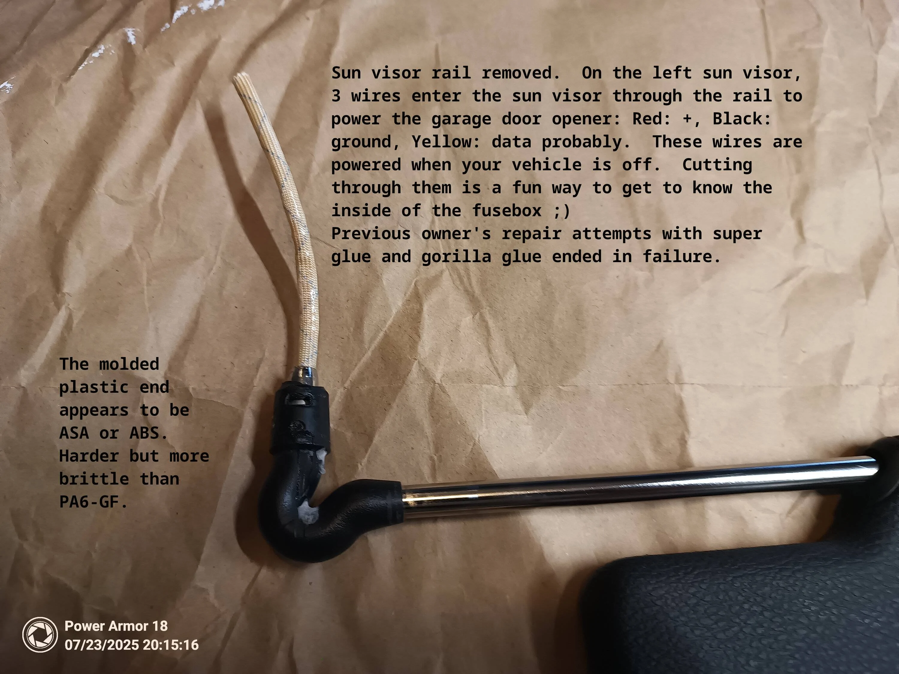 Jeep Gladiator "The Old Cotter Pin Trick" - A brief guide to repairing the sun visor with what's in your garage. pic4_left_sun_visor_bracket_rail_closeu