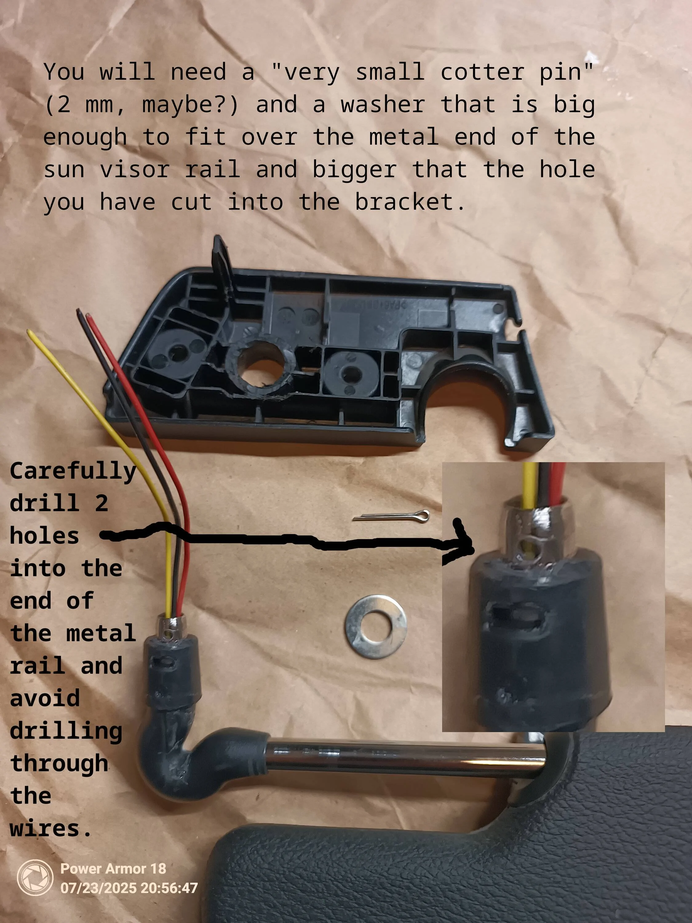 Jeep Gladiator "The Old Cotter Pin Trick" - A brief guide to repairing the sun visor with what's in your garage. pic7_left_sun_visor_bracket_components