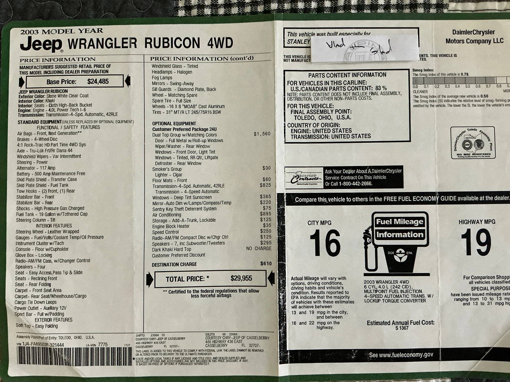 Jeep Gladiator The 1st Rubicon window sticker 2003 IMG_0498