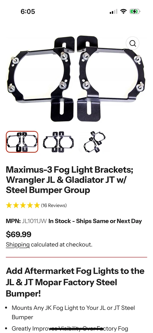 Jeep Gladiator Maximus 3 fog light brackets for factory steel bumper. IMG_2503
