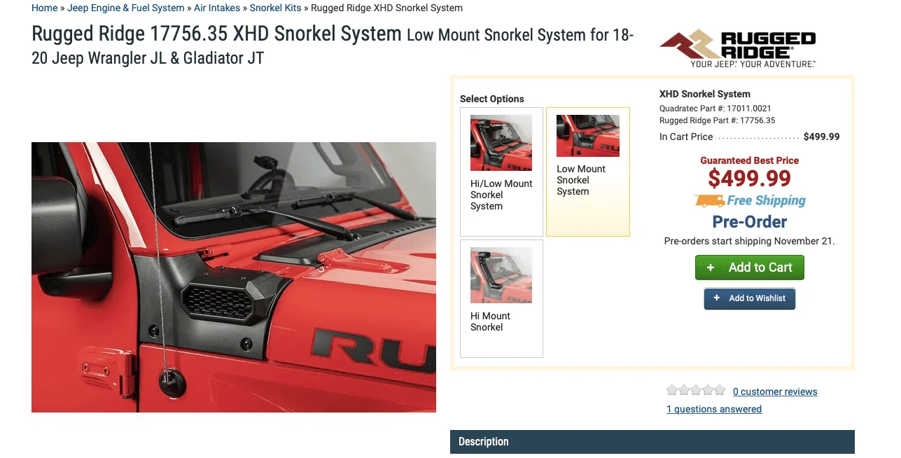 Jeep Gladiator Amfib raised air intake, where sold XHD Amfib air intak