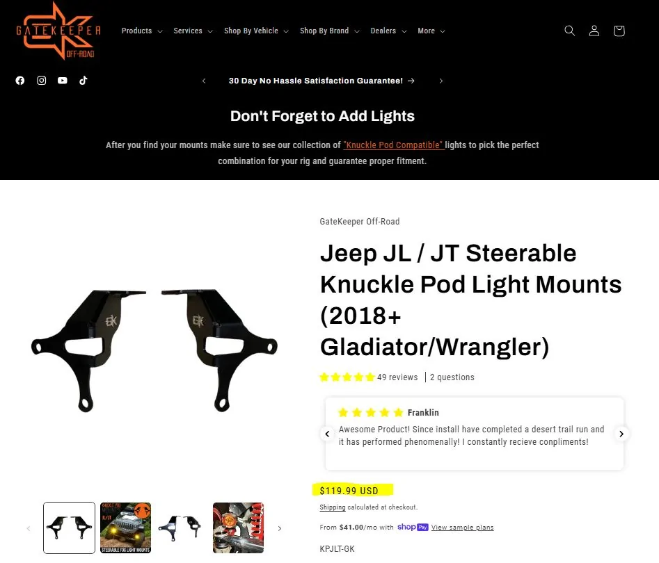 Jeep Gladiator Gatekeeper Jeep Wrangler/Gladiator Steering Knuckle Pod Light Mounts gatekeeper