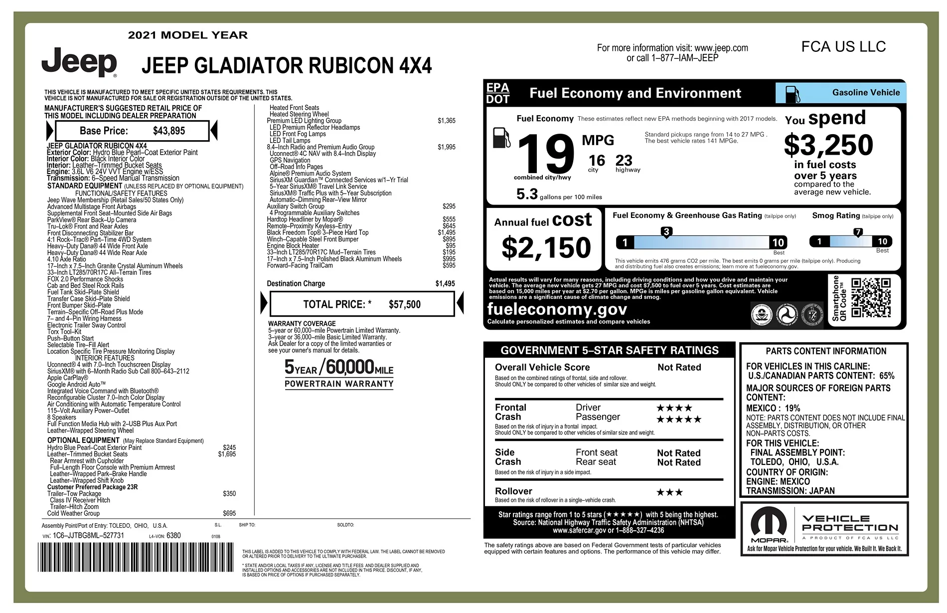 Jeep Gladiator FOR SALE: 2021 Hydro Blue Jeep Gladiator Rubicon 3.6L – Manual Trans – 58k Miles – $35,000 2021 Jeep Gladiator_WindowSticker