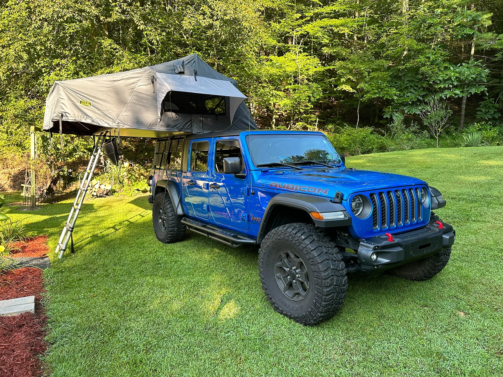 Jeep Gladiator FOR SALE: 2021 Hydro Blue Jeep Gladiator Rubicon 3.6L – Manual Trans – 58k Miles – $35,000 01 with Tent_flat
